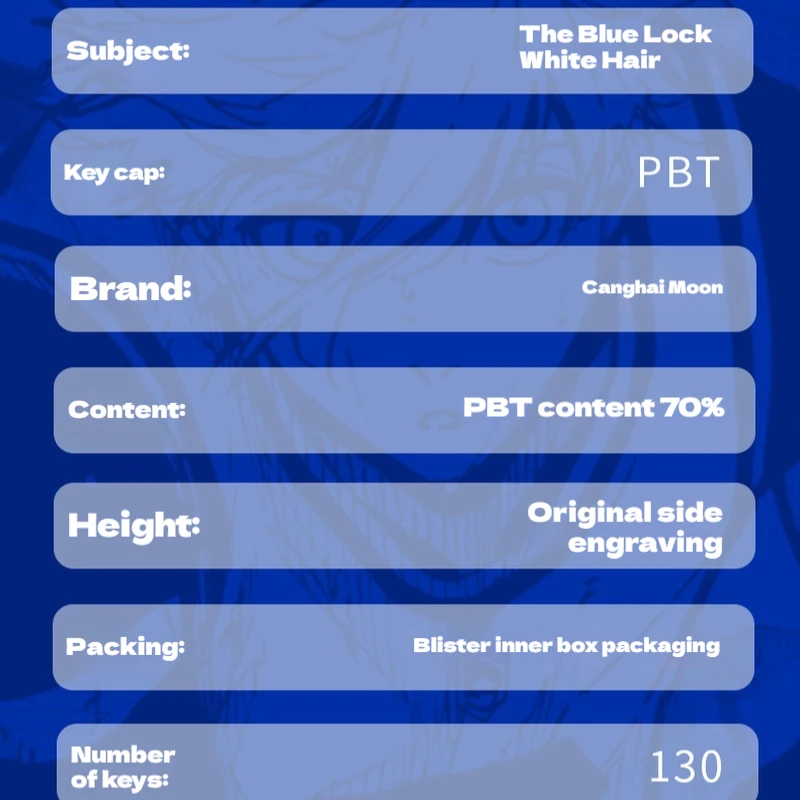 Cang hai Yue Customized Blue Lock Theme Mechanical Keyboard Keycaps 130PCS PBT Thermal Sublimation Keycaps Mad60 Wooting60He
