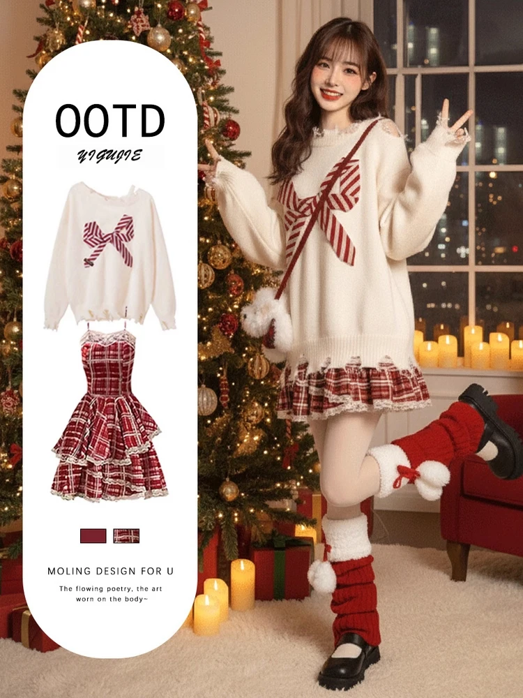 

Christmas Theme Knitted Sweater And Dress Set for Women Red Plaid Dress with Bow Tie Two Piece Set Winter Fashion Outfit