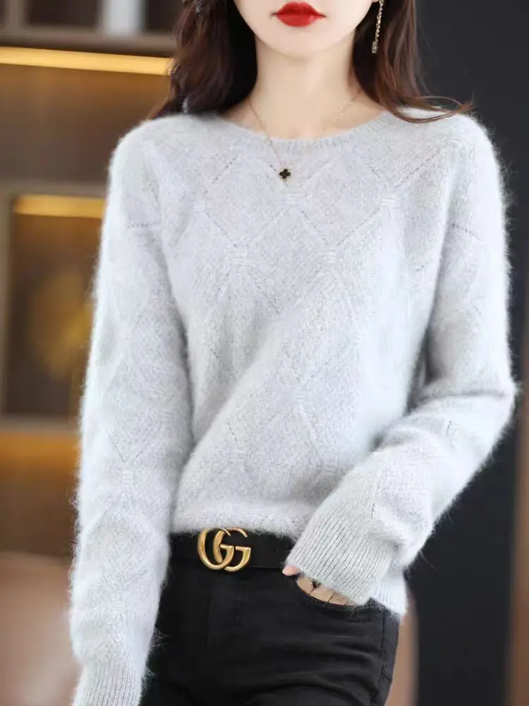 100% Mink cashmere sweater Women\'s knitting sweater O-neck long sleeve pullover Autumn and winter clothing warm top