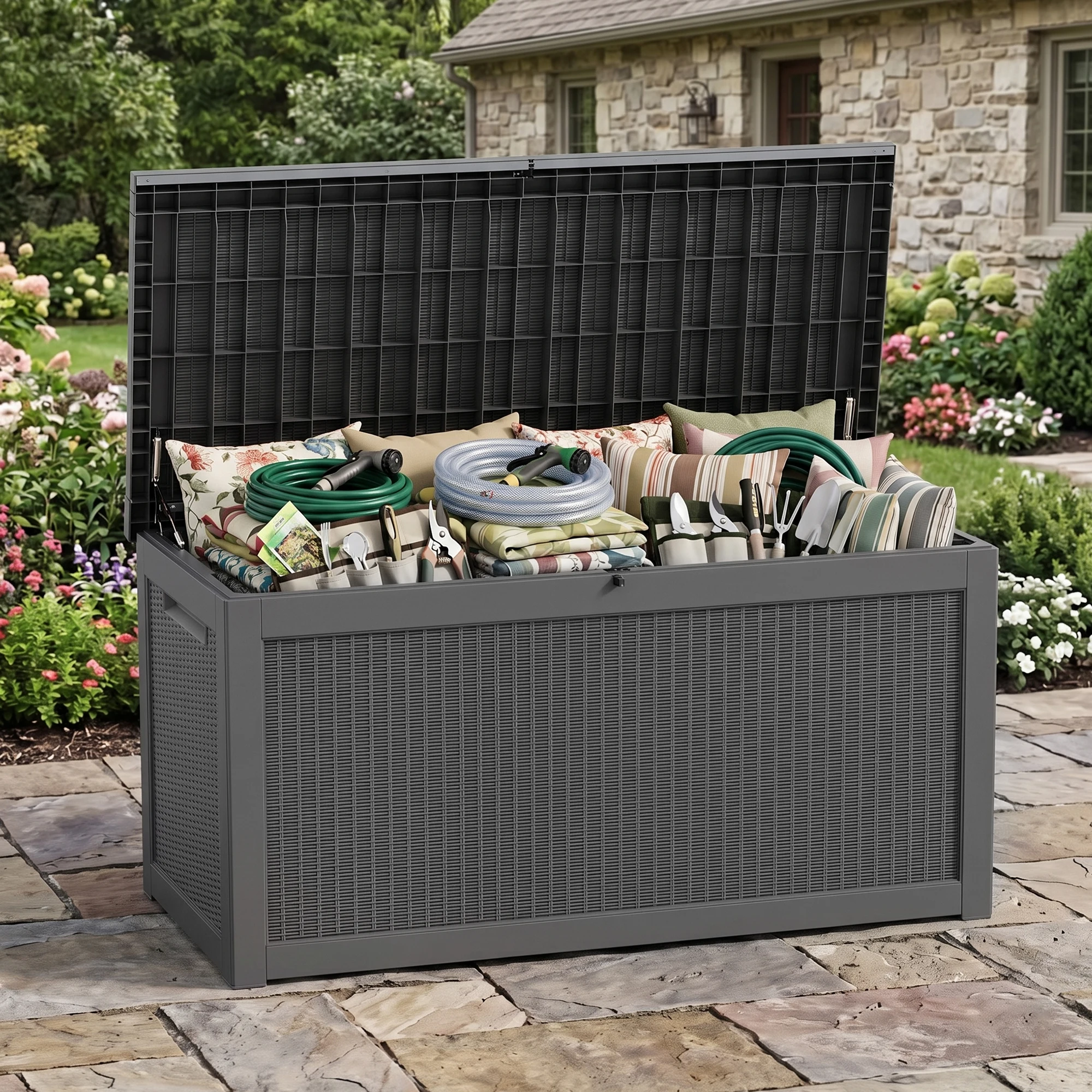 260 Gallon Weather Resistant Resin Deck Storage Box Lockable Waterproof Outdoor Patio Garden Pool Storage Chest for Cushions Tools Supplies