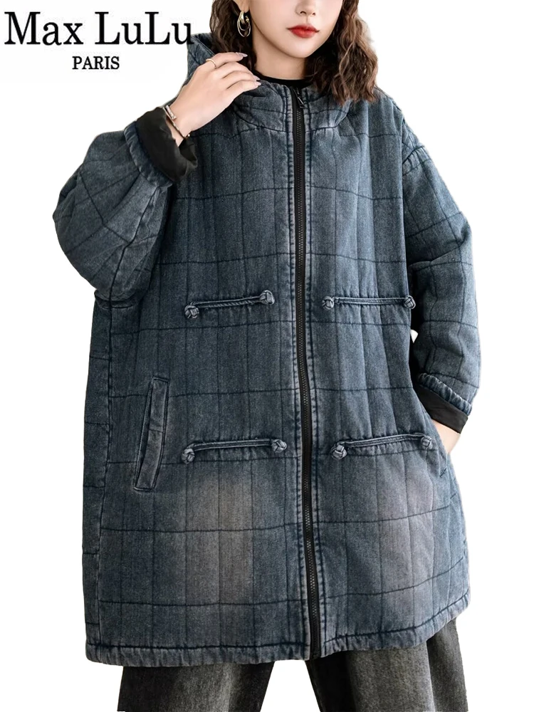 Max Lulu Winter Chinese Dames Geruit Denim Gewatteerde Jeacket Vintage Warme Klassieke Losse Parka 'S Casual Dikke Grote Jassen