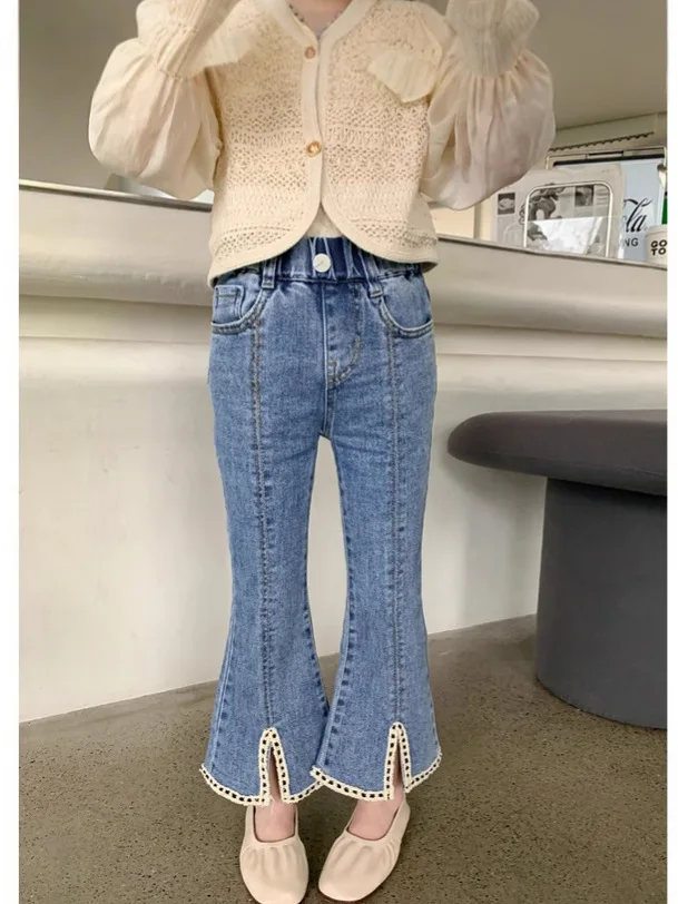 Herbst Junge Teenager Mädchen Jeans Neue Reine Farbe Junior Mädchen Bootcut Jeans Casual Elastische Taille Kind Mädchen Denim Hosen