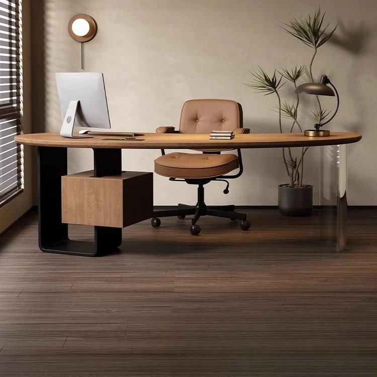 Meja komputer kayu solid, meja kerja melengkung minimalis modern