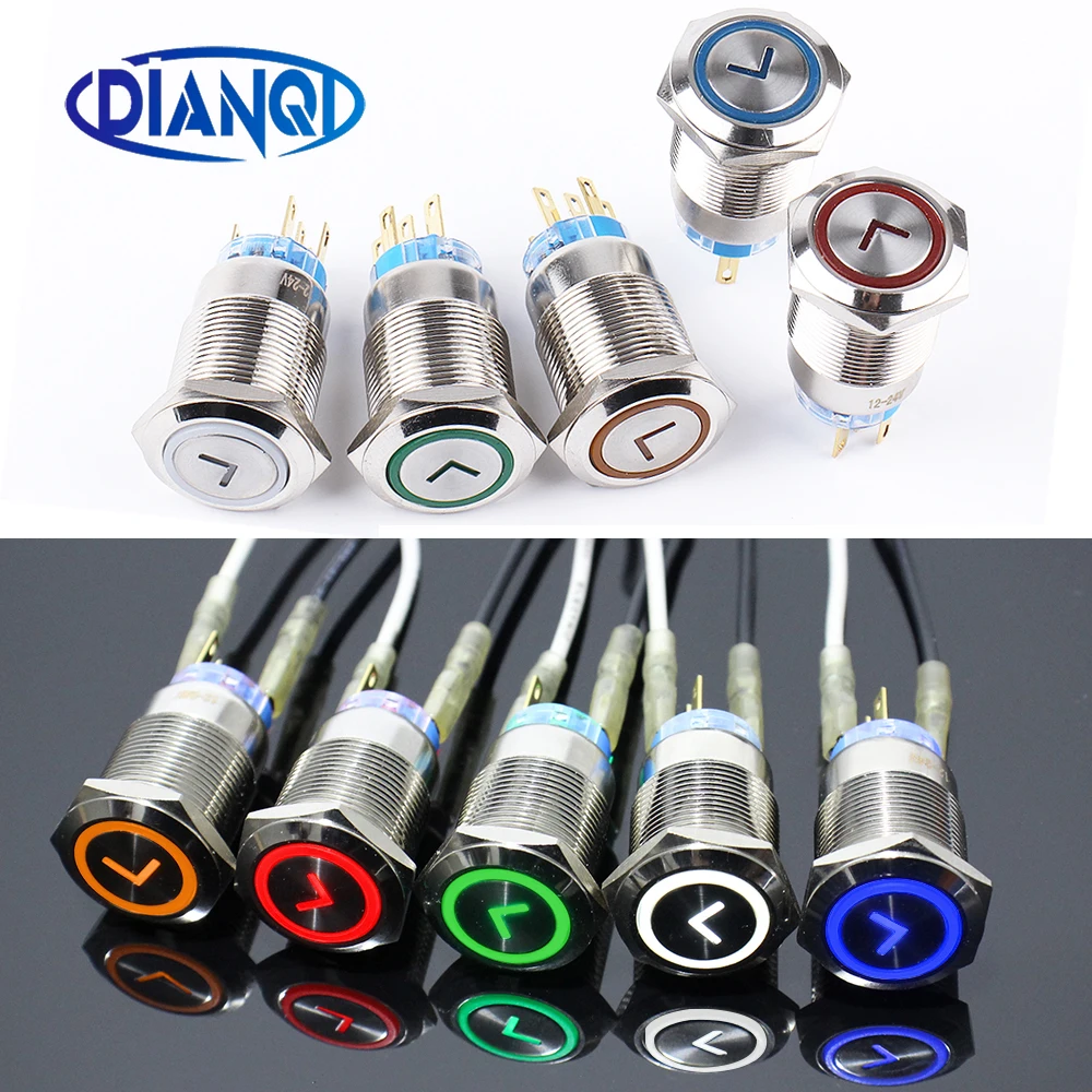 19mm Metal Power L type arrow bMetal Latching Momentary Horn Push Button Switch LED Lighting Car 1NO 1NC 3V 6V 12V 24V 220V