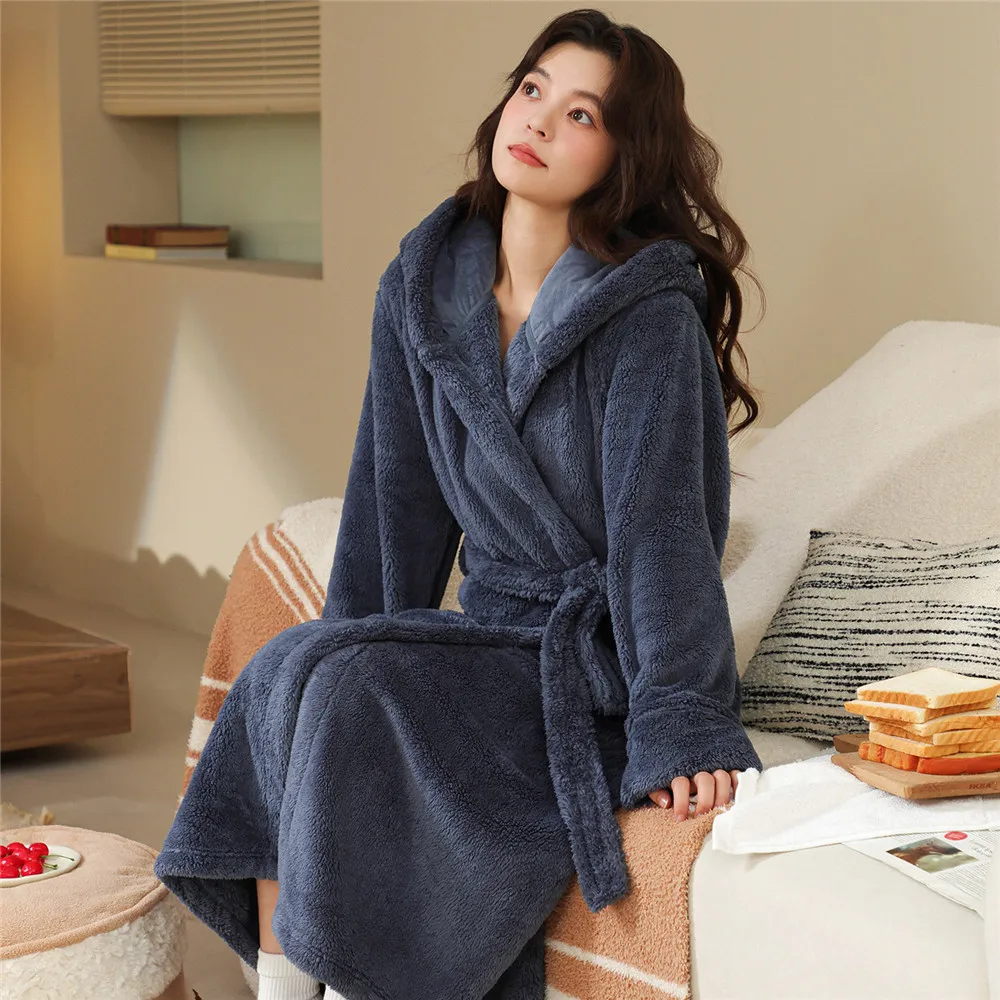 Women Hooded Flannel Bathrobe Belted Wrap Robe Autumn Winter Warm Loungewear Sleepwear