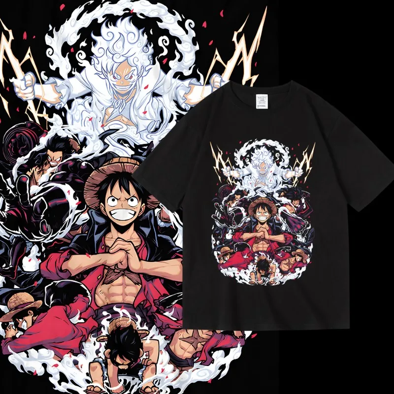 

Japanese Anime Luffy Manga One Piece 2D Printed Peripheral Round-neck Pullover 2025 Summer Pure Cotton 100% Printed T-shirt