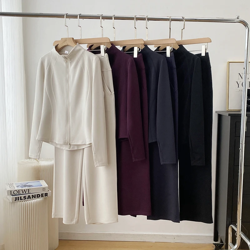

Slimming Waist Air Layer Casual Sport Two Piece Set Stand Collar Jacket Wide Leg Pants Women's Online Exclusive Spring Fashion