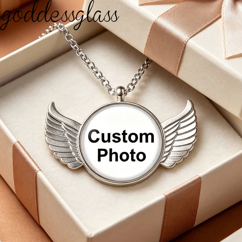 Personalized Custom Photo keychain Wings Pendant Necklace Dad Mom Family Logo Letters Silver Plated Crystal metal chain Gift
