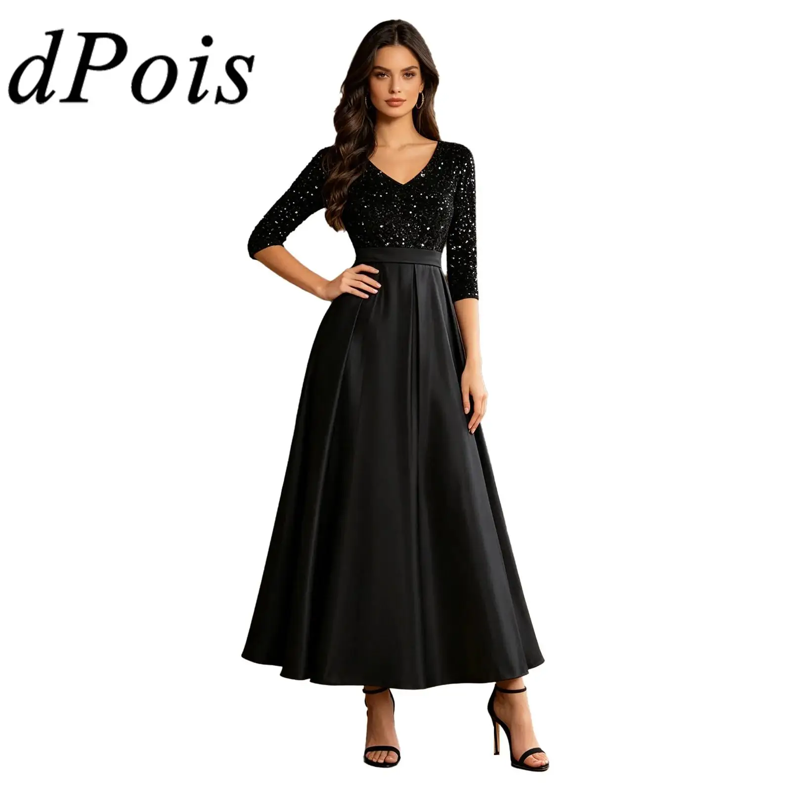 

Women Evening Dresses Party Gown V Neck Puff 3/4 Sleeve Sequined Satin Maxi Dress for Wedding Ceremony Vestidos Robe De Soiree