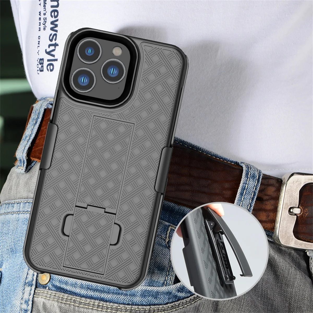 Fit iPhone 14 Pro ,Woven 2 in 1 Hybrid Hard Shell Holster Combo Case With Kickstand & Belt Clip For iPhone 14 Pro Max 6.7\