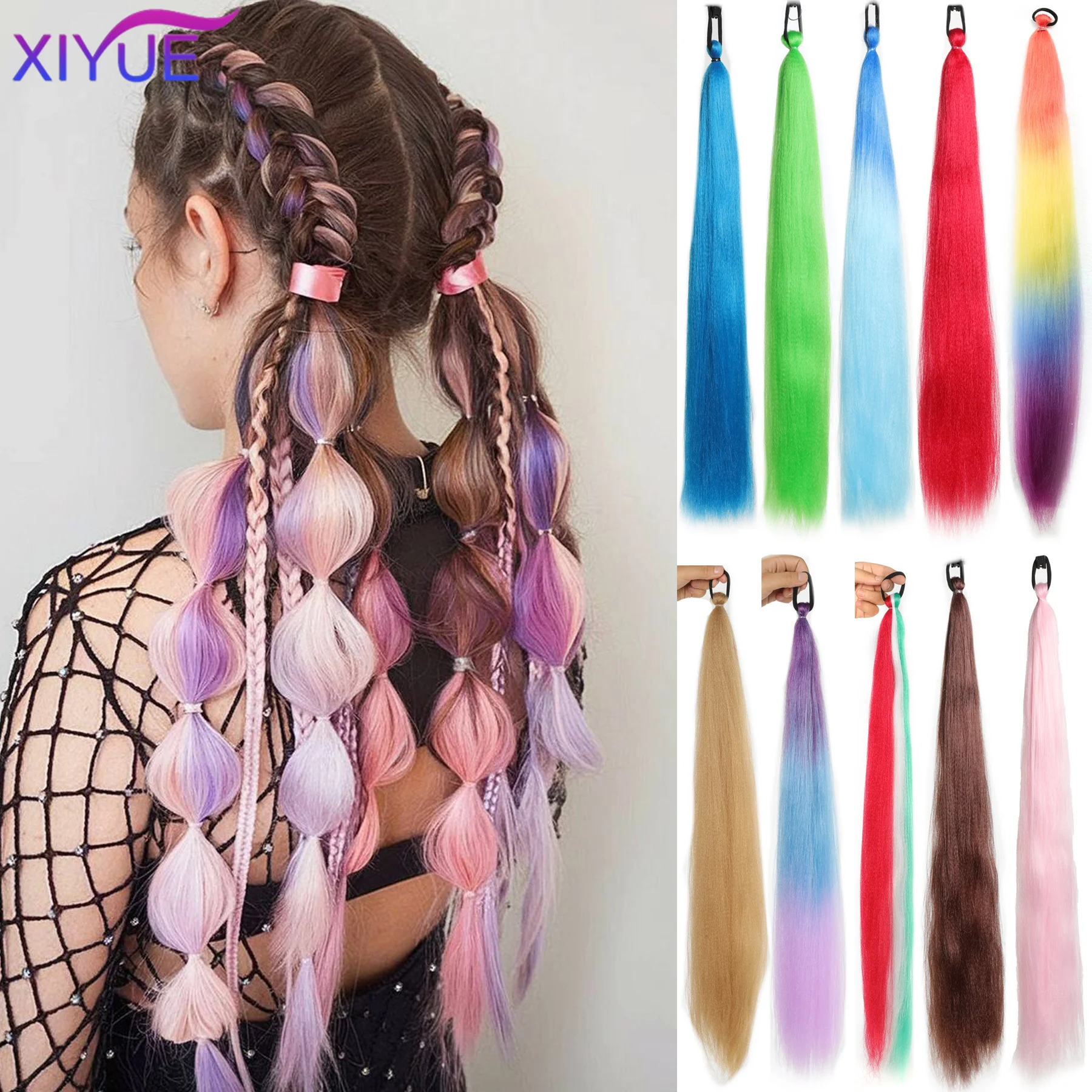 XIYUE 2pc Ombre Braiding Hair Extensions Synthetic Colorful Braid Ponytail Extension With Hair Tinsel Jumbo Ponytail For Women
