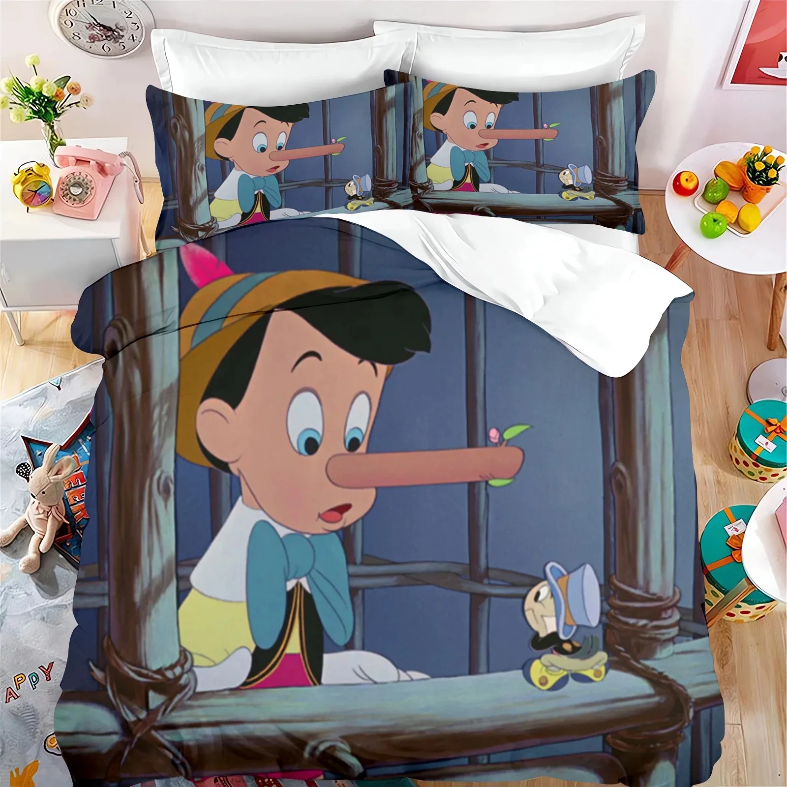 Disney Pinocchio duvet cover pillowcase, home room bedroom decoration boy girl bedding set cartoon, queen size double bed