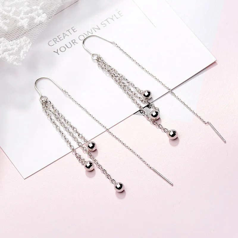 Elegant Multi Layer Chain Threader Earrings Smooth Round Metal Bead Tassel Long Drop Dainty Women Daily Party Jewelry Gift