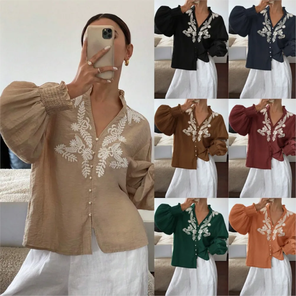 

2026 Temperament Long Sleeve Tops Casual T Shirt Tees Blusas French Elegant Embroidery Lantern Sleeve V-link All-match Contrast