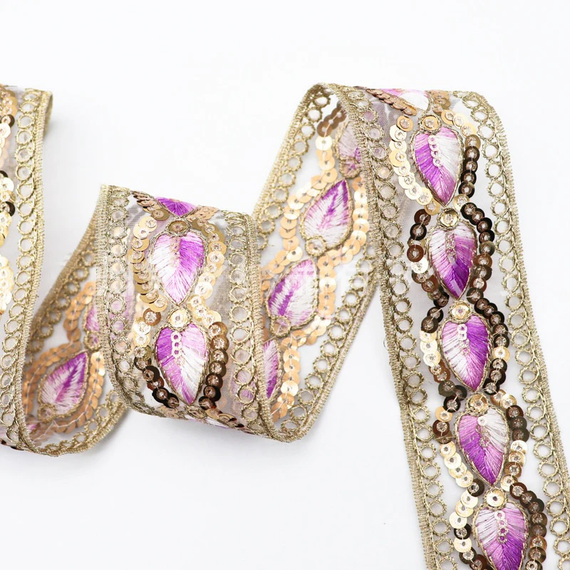 1 Yards Ethnic Color Gold Embroidered Lace Trim Sequin Lace Ribbons Cosplay Costume Applique Hanfu