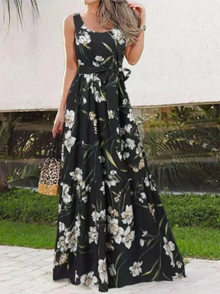 

Spring Summer Floral Print Lace-up Big Hem Maxi Dress Elegant O Neck Sleeveless Folds Long Dress Women's Fashion Beach Dress