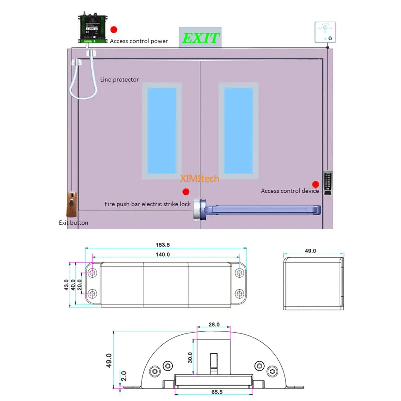 출구 장치 비상 도어 잠금 화재 푸시 바 전기 스트라이크 12V 액세스 제어 전기 스트라이크 도어 잠금, 푸시 패닉 바