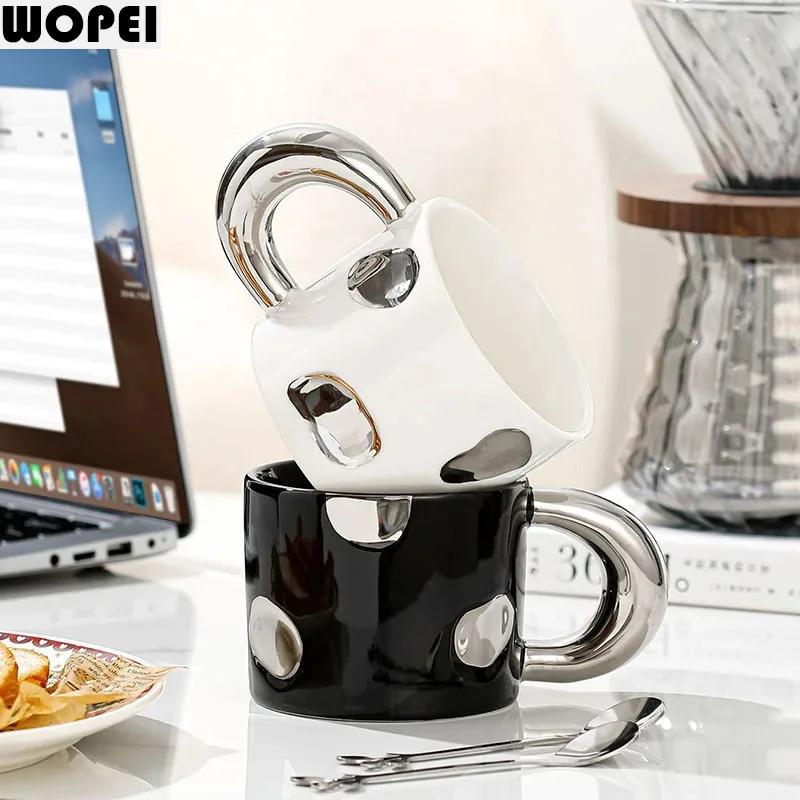 Creative Electroplated Ceramic Mug Office Large Handle Coffee Mug Home Juice Cup Breakfast Cup Milk Cups Couple Water Cup