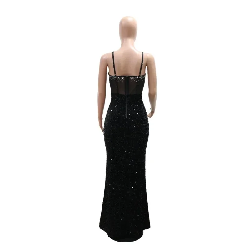 Women Sexy Sheer Mesh Patchwork Velvet Sequins Maxi Evening Party Dress Rhinestones Spaghetti Straps Backless Bodycon Long Robe