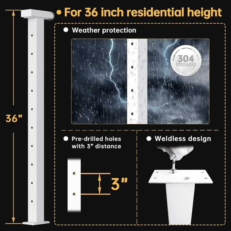 White Cable Railing Post Level drilled 36"x2"x2" Surface Mount Kit Indoor Outdoor with Paper User Guide PS02 WH4S