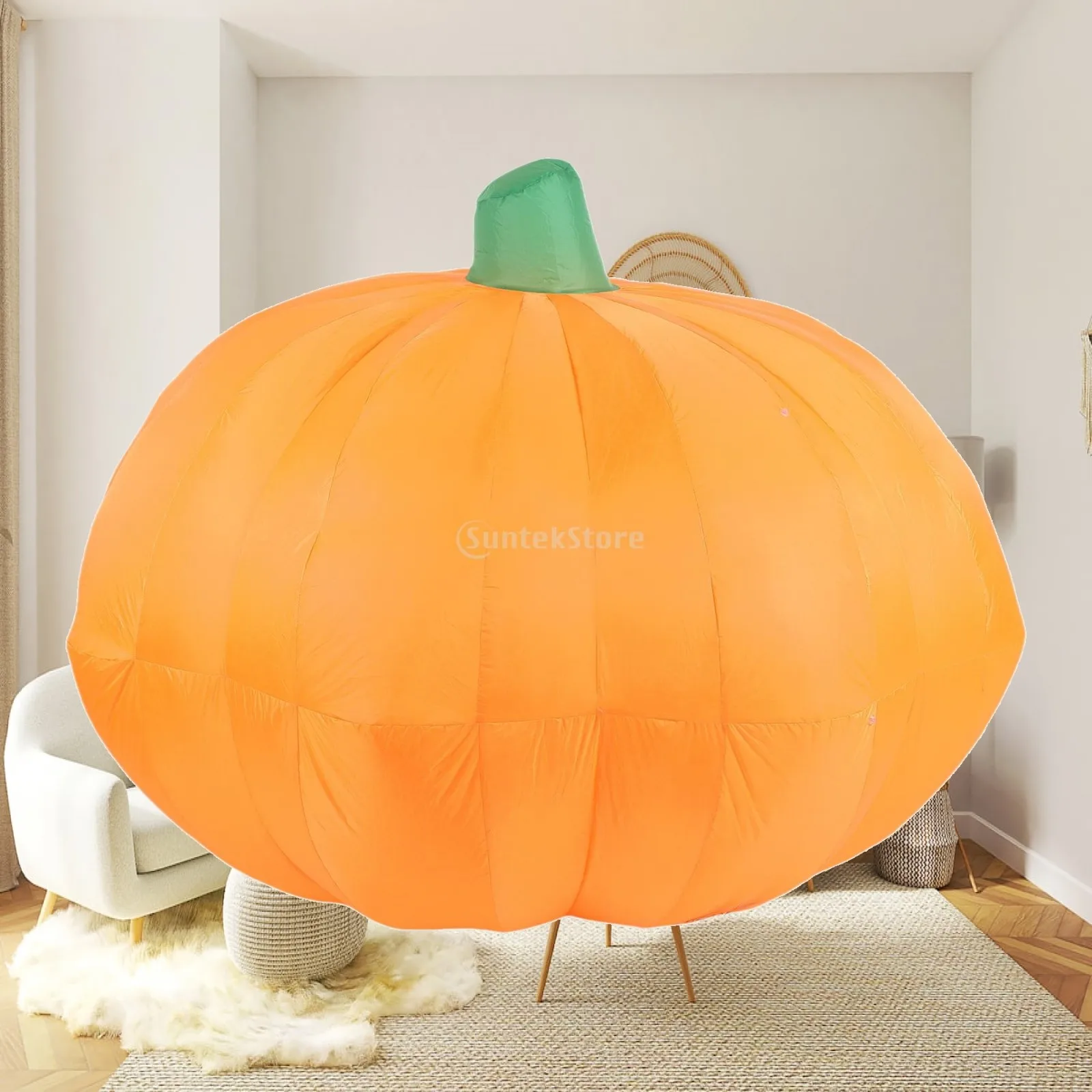 Inflatable Halloween Pumpkin Display for Outdoor Yard Decoration with Ribbed Body Green Vine Polyester Nylon Blow Up
