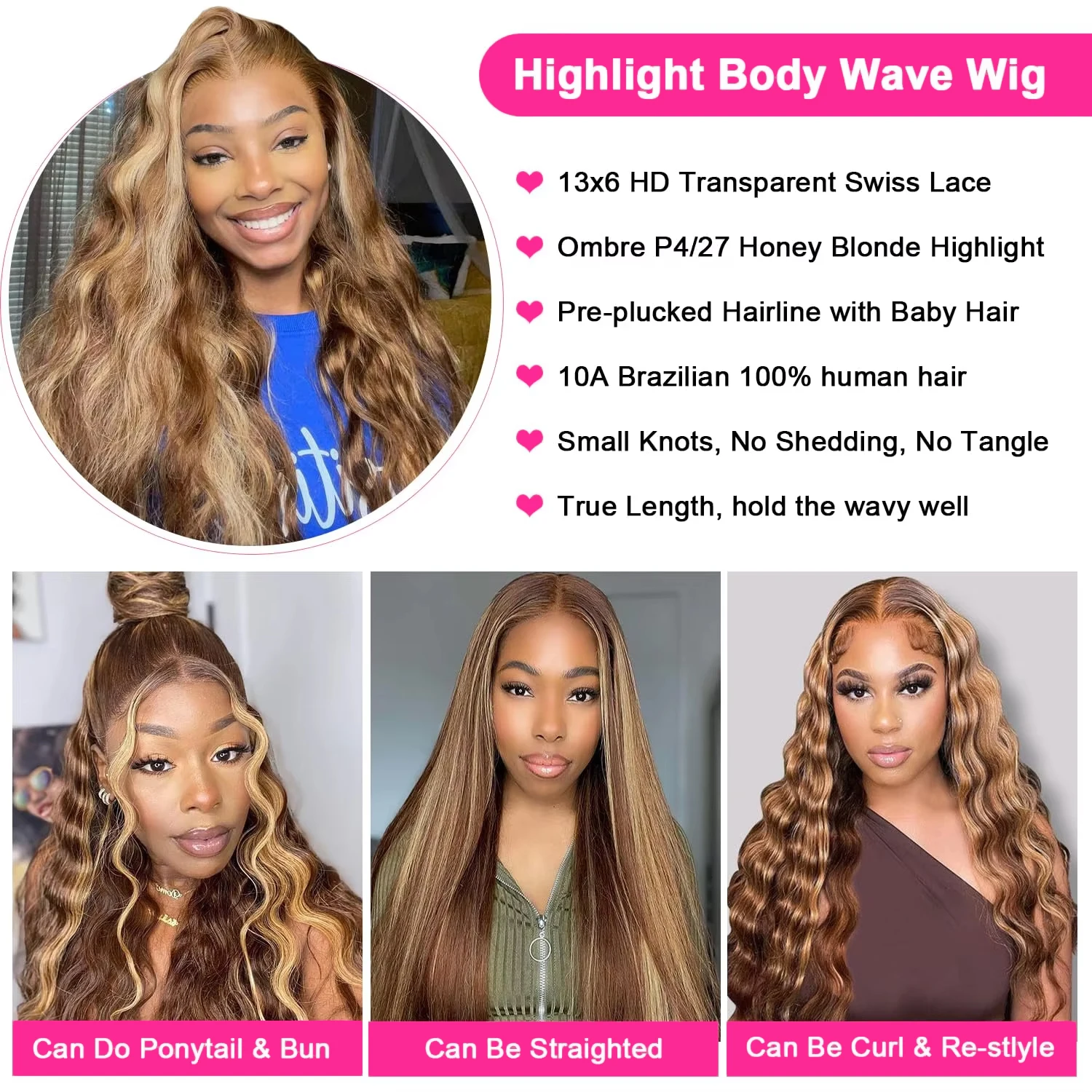 Wig gelombang tubuh Highlight 13x6 Hd Wig Lace Frontal rambut manusia berwarna Wig rambut Brazilian untuk wanita Wig renda kepadatan tinggi