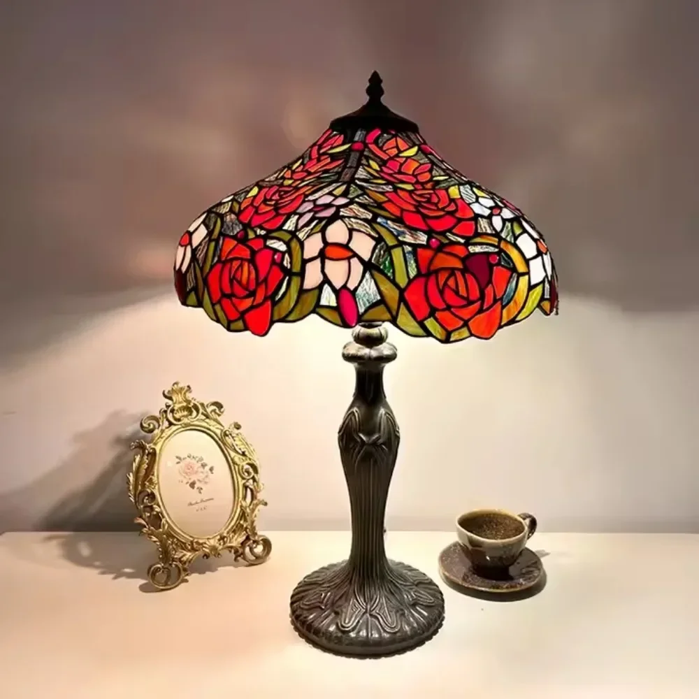 16 インチ 40 センチメートルティファニーカラーガラステーブルランプヨーロッパスタイルクリエイティブガラスローズライトリビングルームのベッドサイドランプ