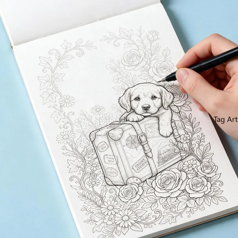 A Hand Drawn Coloring Exercise Book for Adult Healing and Stress Relief, with Themes Such As Flowers, Street Scenes, and Animals