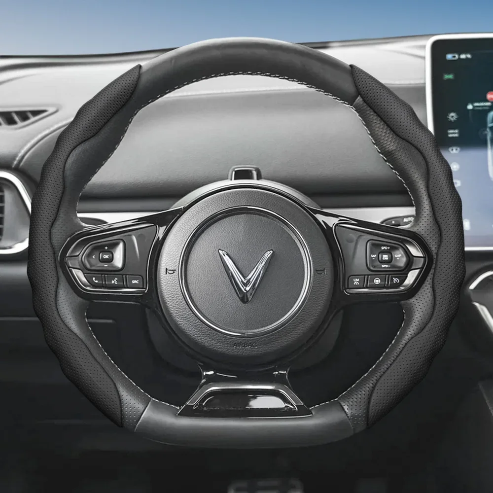 Suitable for Vinfast Steering Wheel Cover, Wave-Shaped Sport Design, Breathable Leather, Segmented, Non-Slip, Sweat-Absorbent,