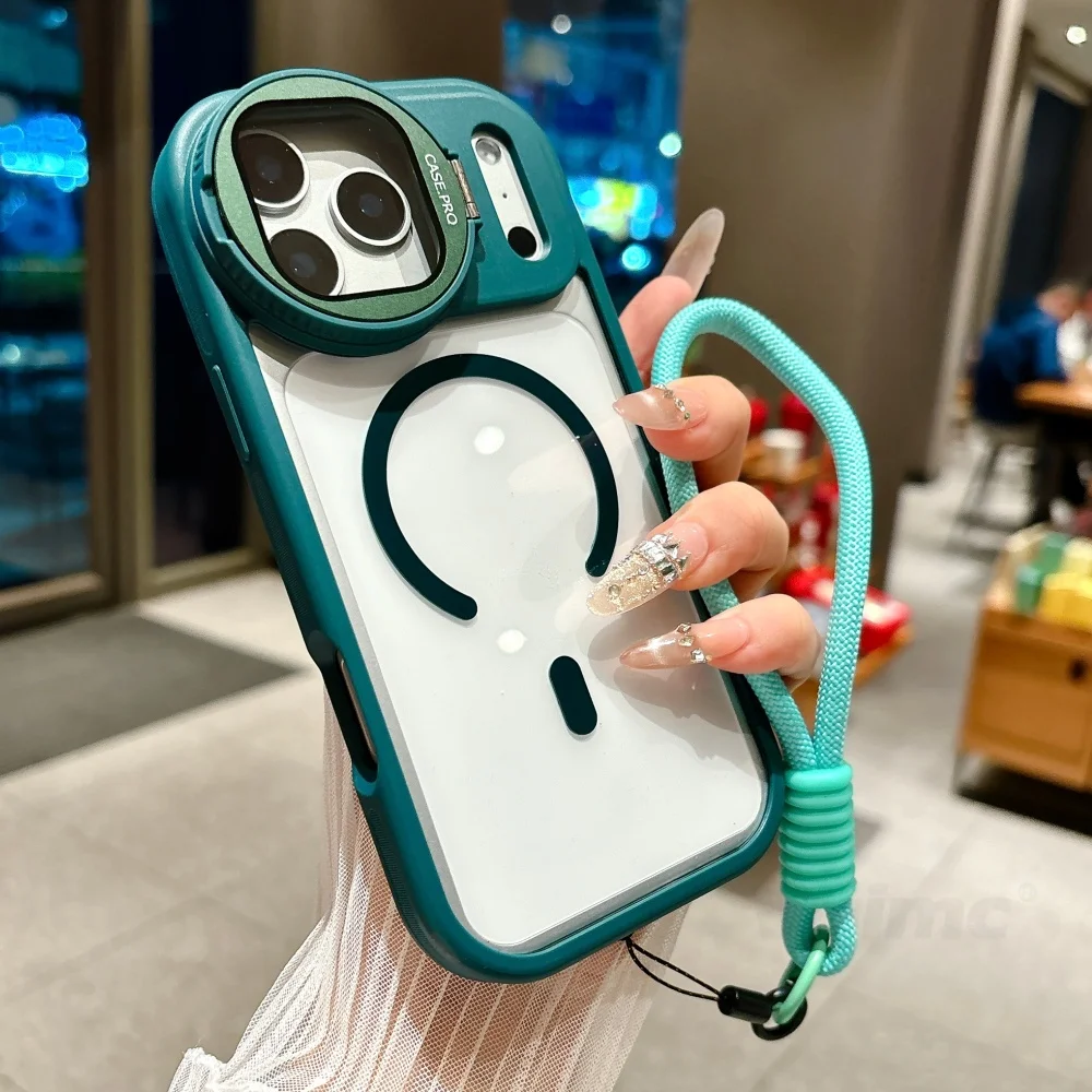 Falten Sie Glaslinsenständer, magnetisch, transparent, für iPhone 17, 16, 15, 14, 13, 12, 11 Pro Max, für Magsafe-Handgelenkschlaufe, stoßfeste Abdeckung
