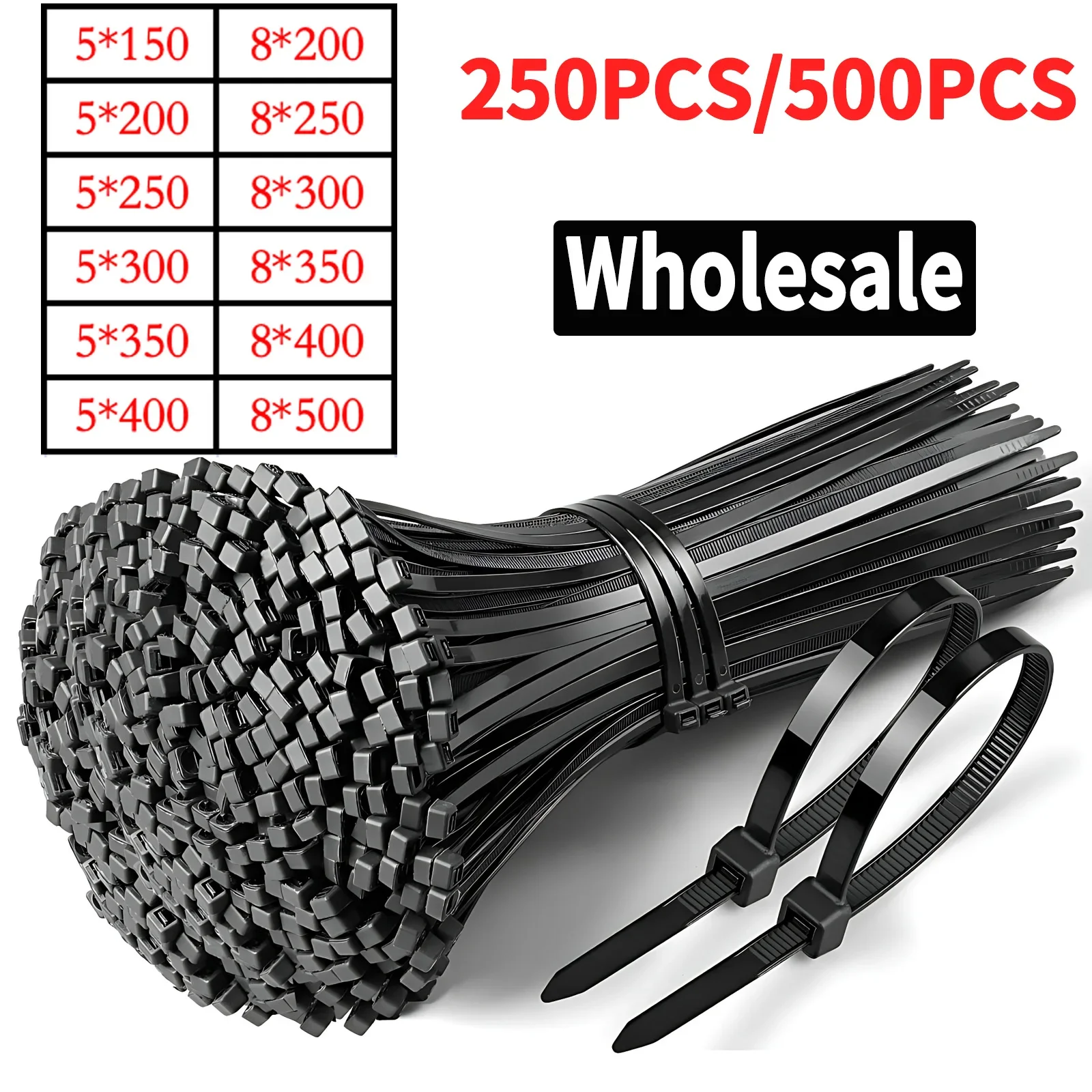 Heavy Duty Self-Locking Nylon Cable Ties 5x200 5x500mm Black, Weatherproof Zip Ties for Electrical Industrial Home Use,Bulk Pack