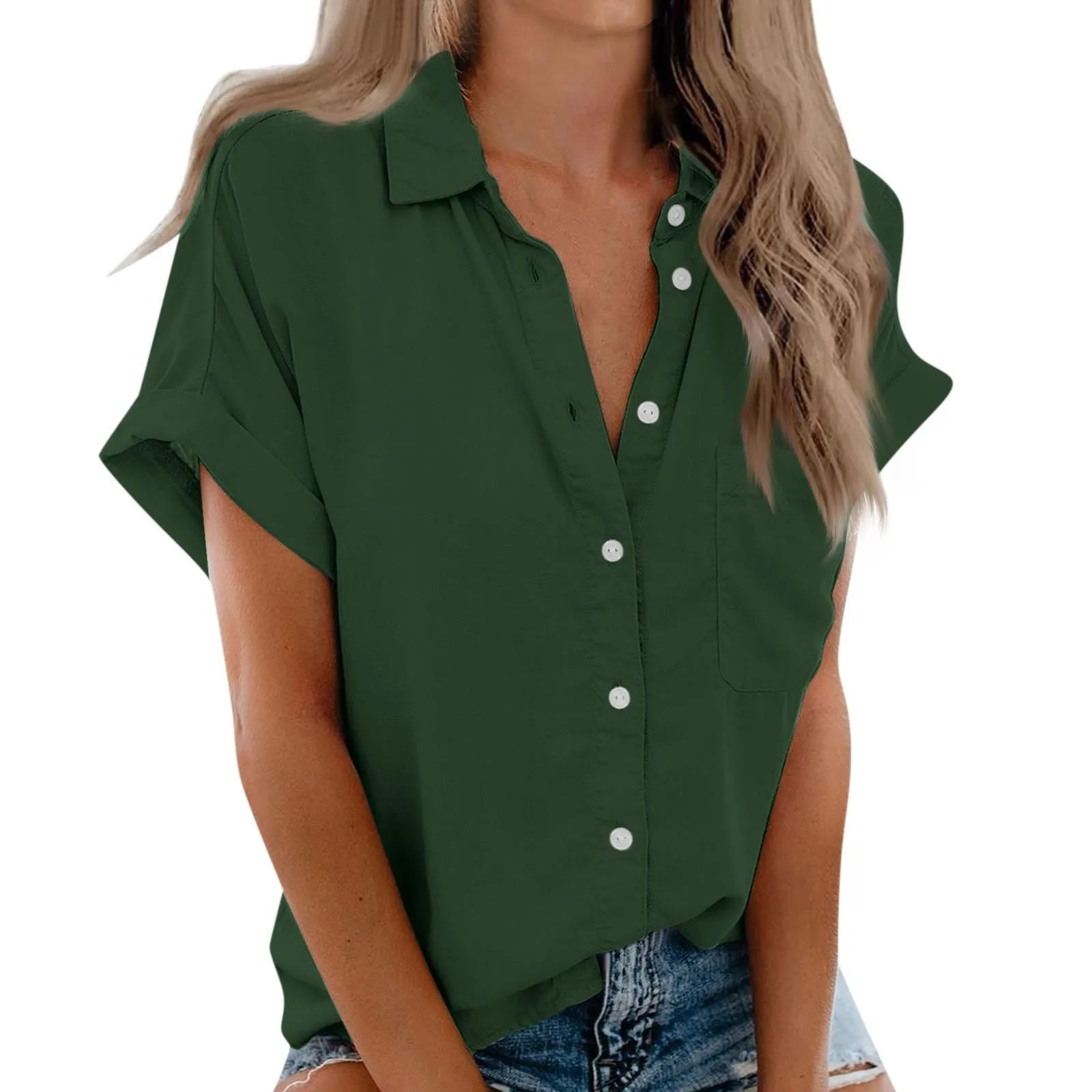 Womens Short Sleeve Shirts Solid Color Casua Button Down Blouse Tops With Chest Pocket