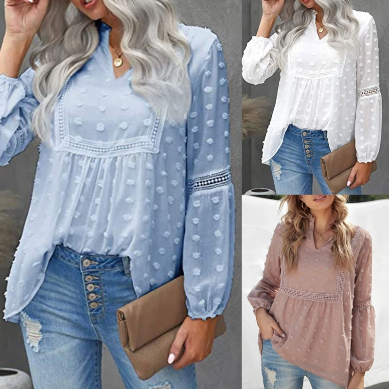 Women Lantern Long Sleeve Chiffon Blouse Sexy V-Neck Swiss Dot Lace Splicing Flowy Shirts Solid Color Loose Pleated Pullover