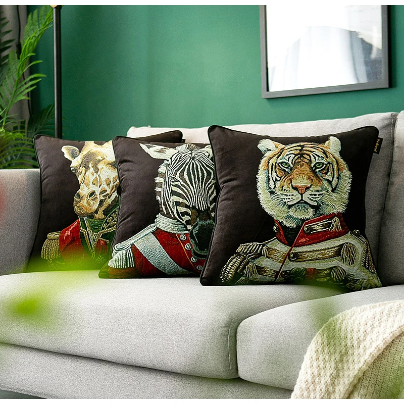 Diphylleia Decorative Pillow Case Tiger In Uniform Animals Printed Velvet Cushion Cover Accent Pillowcase For Couch Sofa Bedroom