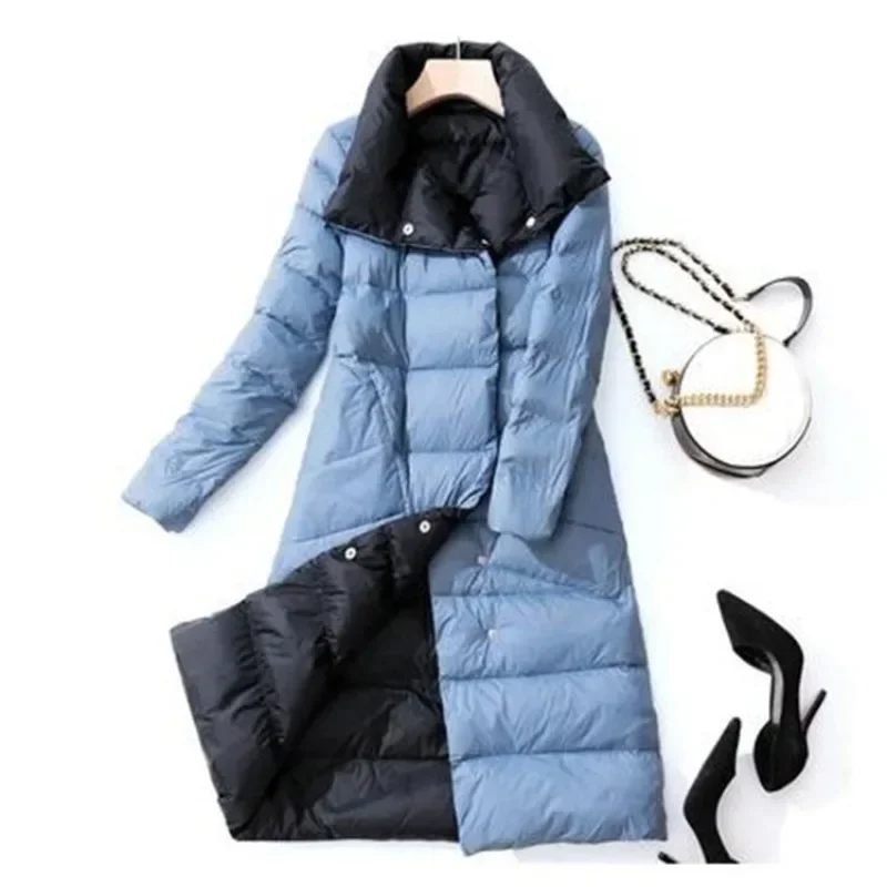 2022 Winter Women Turtleneck White Duck Down Coat Double Breasted Warm Parkas Double Sided Down Long Jacket