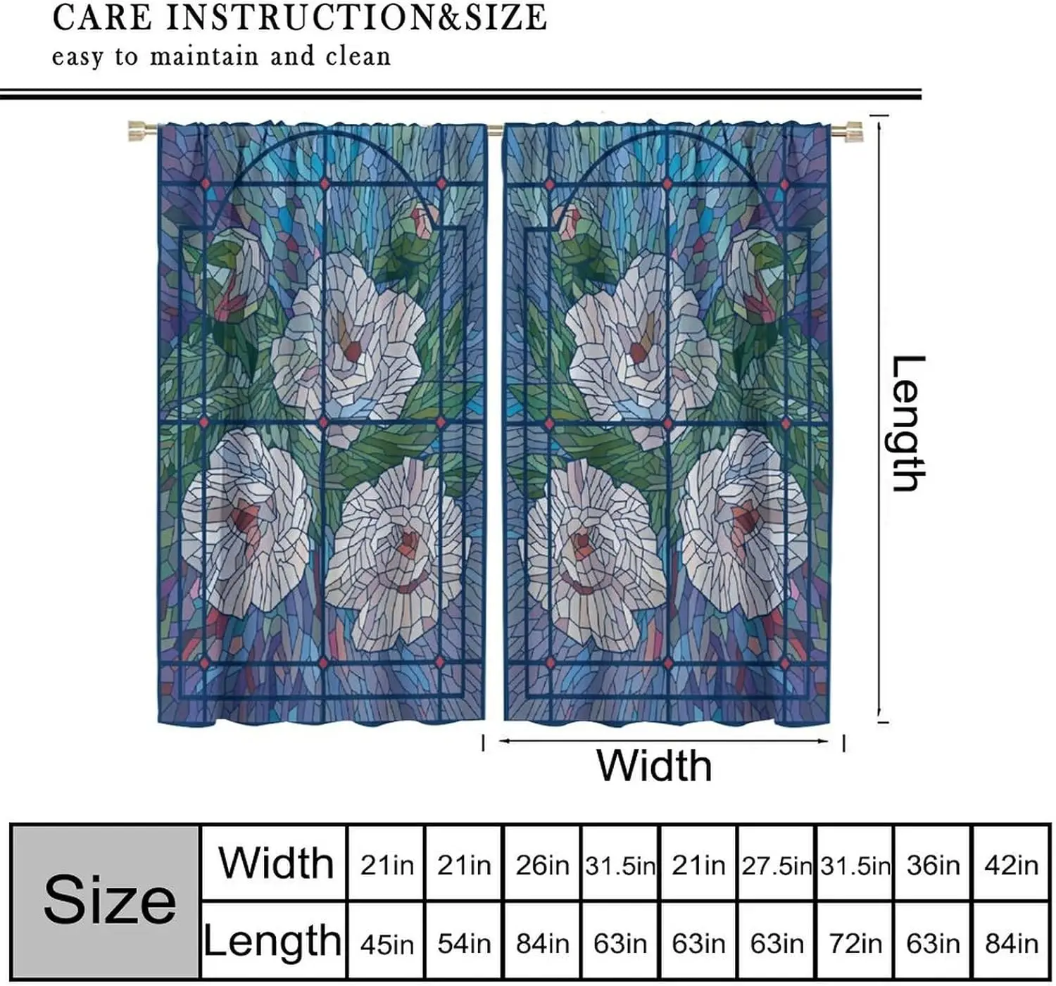 Boho Stained Glass Flower Curtain Floral Flower Blue Fashion Printed Modern Window Drapes for Teenager Bedroom Living Room