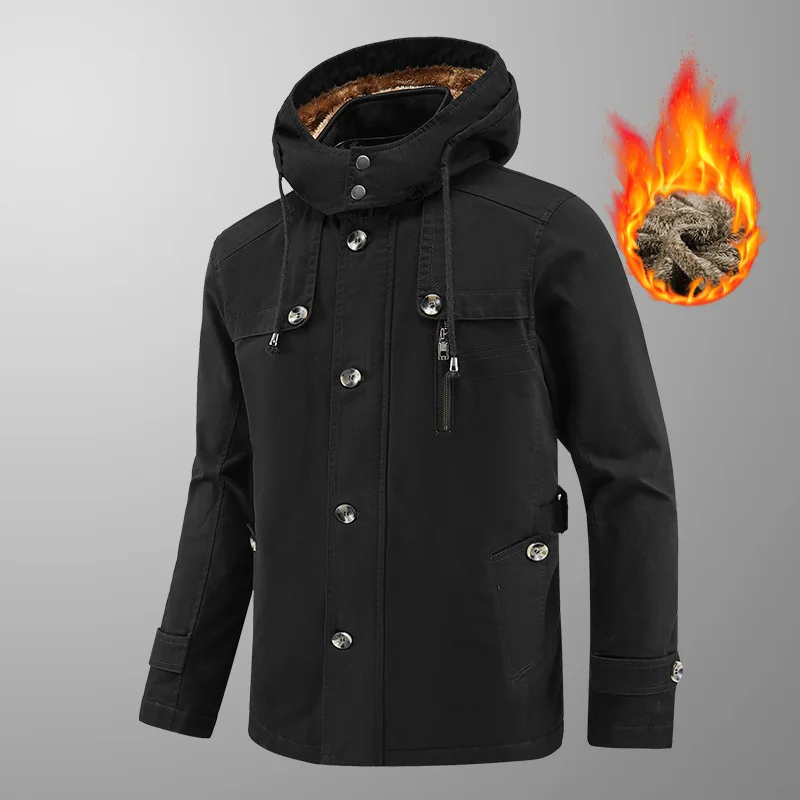 Men's Fleece Cotton Jacket Autumn Winter Pure Cotton Washed Hooded Mid-Length Coat for Men