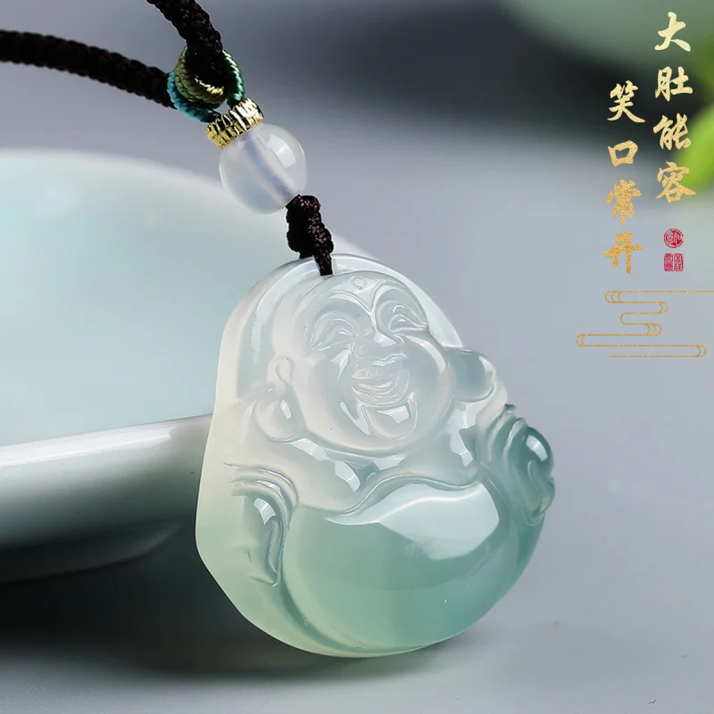 

Chalcedony - Semi-Oil Green Happy Maitreya Buddha Jade Pendant, Selected New Style