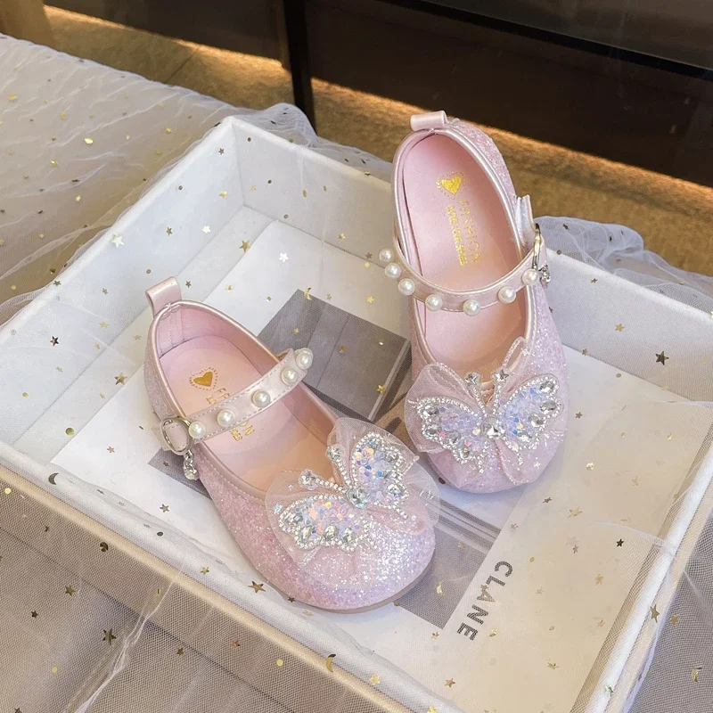 Little Girl Leather Shoes Spring Autumn Kids Sequins Party Shoes Fashion New Butterfly Children Princess Shoes Sweet Elegant