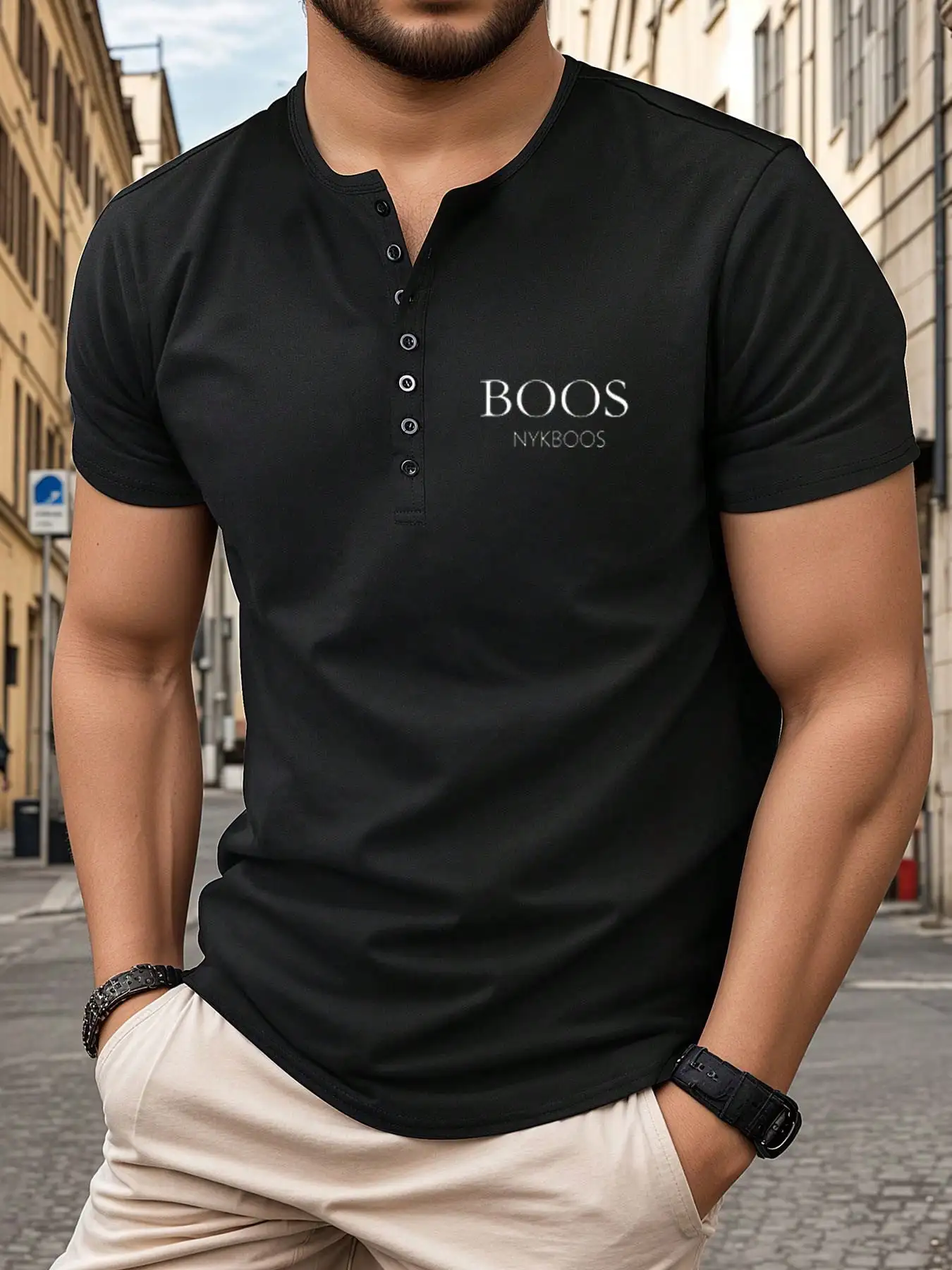 

Black Fitted Henley Short Sleeve Shirt for Summer Casual Wear