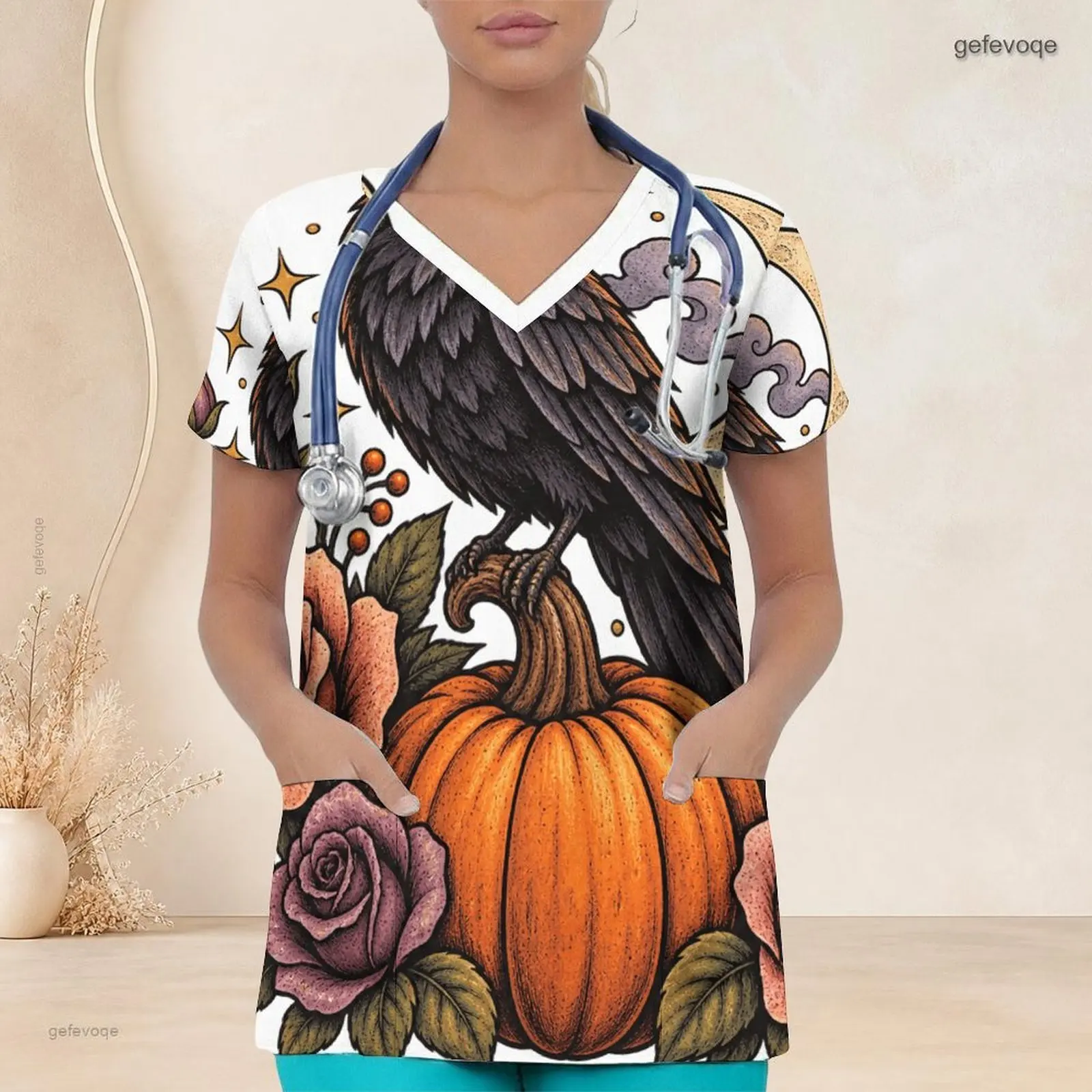 Women Printed Highland Cow Witch Hat Sunflower Pumpkin Bat V Neck Short Sleeve Scrub Top With Pockets