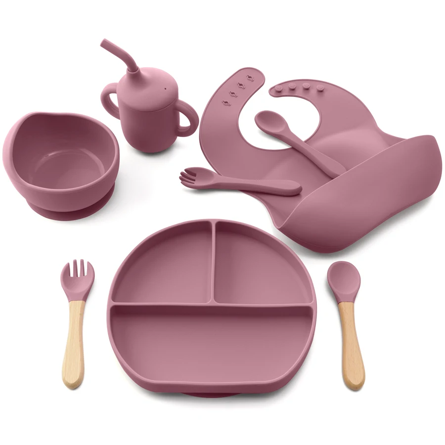 8/Pcs/Set Baby Food Feeding Tableware Sucker Bowl+Spoon+Fork Eating Dinnerware For Children Dishes Baby Bib Cup Baby Stuff