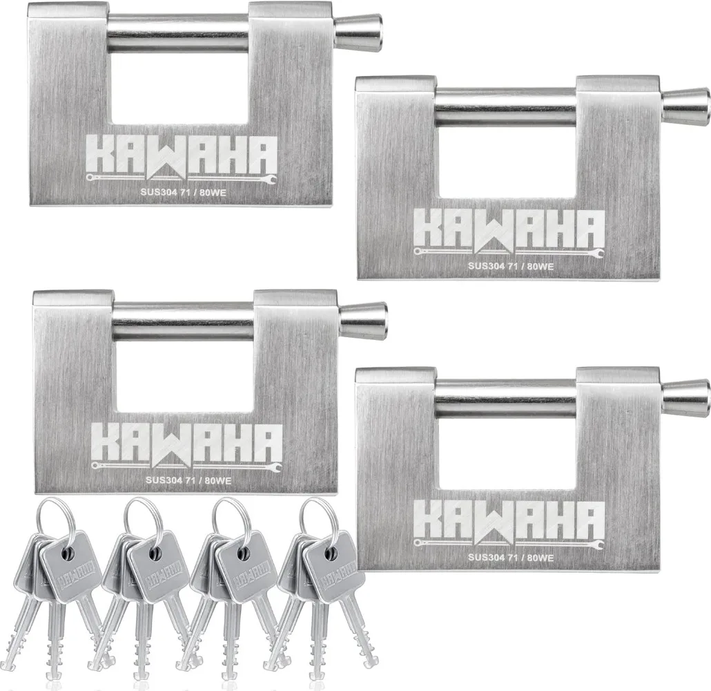 

Stainless Steel D-Shaped Padlock with Steel Keys for Garage Door, Shed, Locker and Warehouse (3-1/8 Inch, Keyed Alike - 4 Pack)