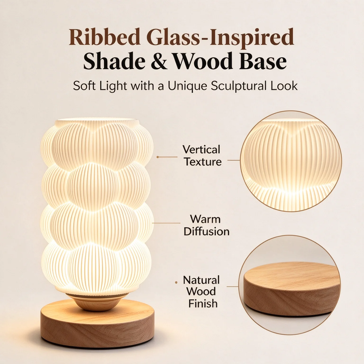 3D Printed Wave Texture Night Lamp for Bedroom Decor Adjustable Lighting Soft Light Three Color Modes USB Rechargeable Home Read