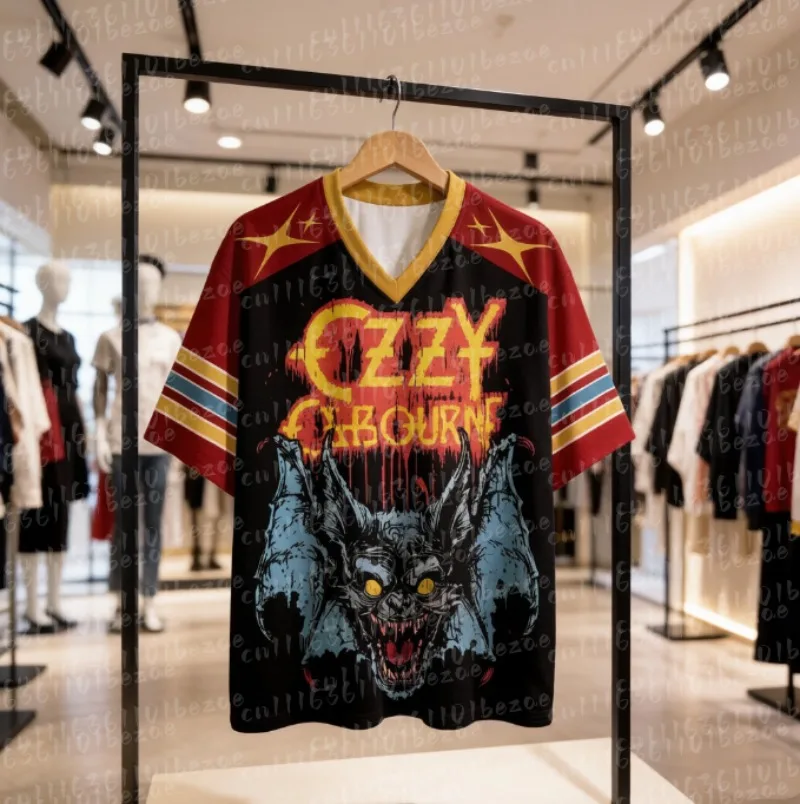 V Neck Mesh Football Jersey Vintage Horror Bat Distressed Rock Letter Print Burgundy Gold Multi Striped SleeveTee FamilyMatching