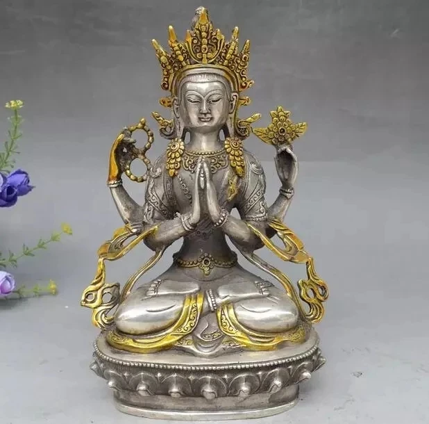 

8" Tibet Buddhism Silver Gilt 4 arms Chenrezig Buddha Avalokiteshvara Statue