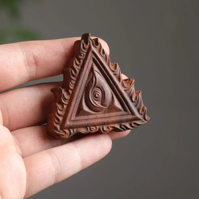 Lightning-struck jujube wood Taoist triangular gold seal double-sided finely carved pendant , peace amulet, portable woode