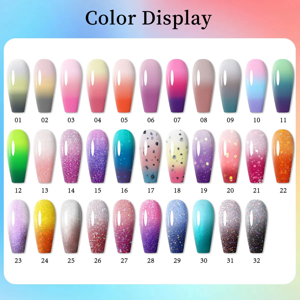 Hassleless 6-Piece Set of 15ml Thermochromic Gel Nail Polish - Requires LED Light Curing, Heat and Cold Responsive, Color Change