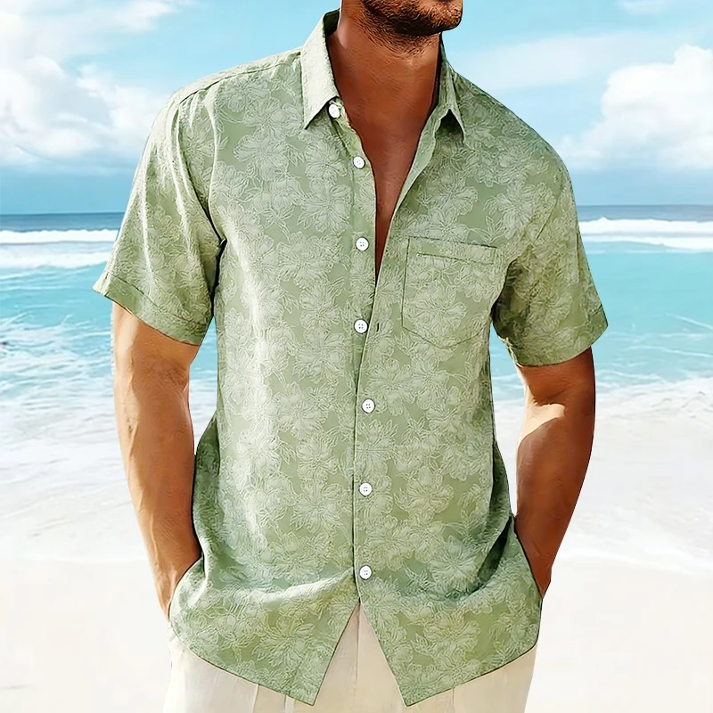 

Lace Flowers Jacquard Shirts Men Tops for Summer Beach Wear Vintage Short Sleeve Floral Hawaiian Cuban Shirt Man Chemise Tops
