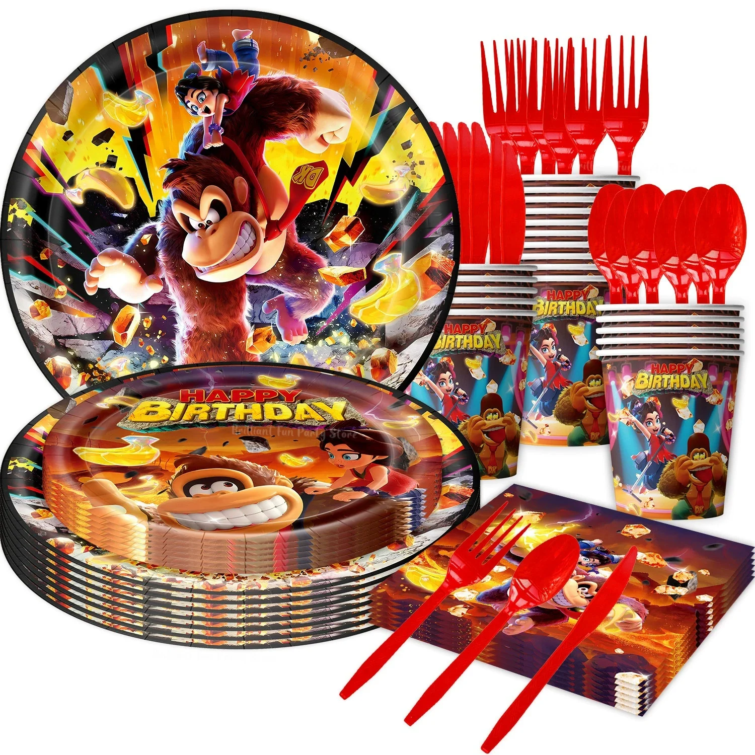 Donkey Kong Geburtstagsdekorationen Bananza Spielthema Ballonbecher Teller Servietten Tischdecke für Kinder Babyparty Partyzubehör